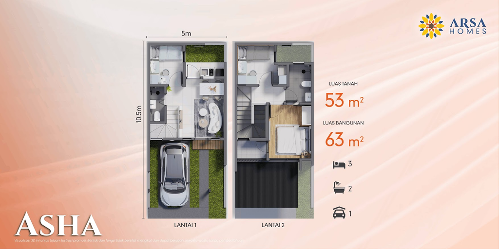 layout rumah Arsa Homes Cirendeu tipe asha